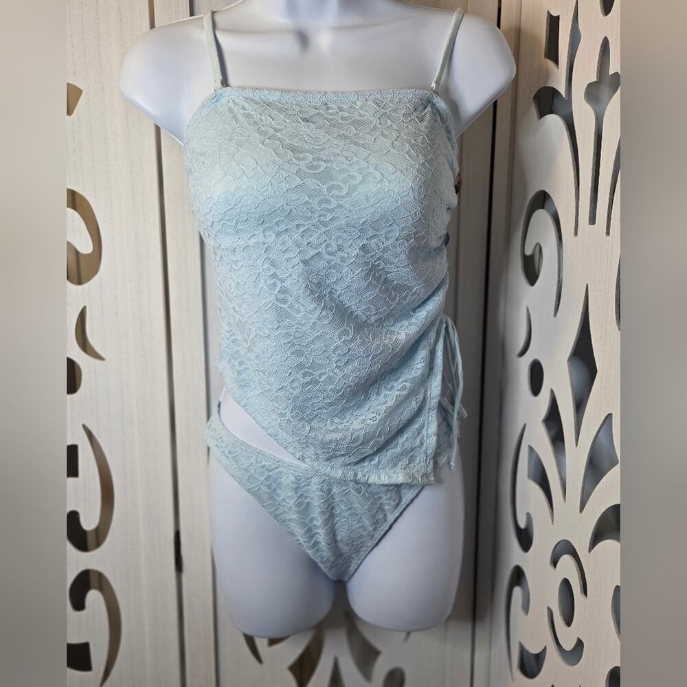 Samiol Light Blue Lace Tankini Set Small Ruched Side Padded Swim NWT